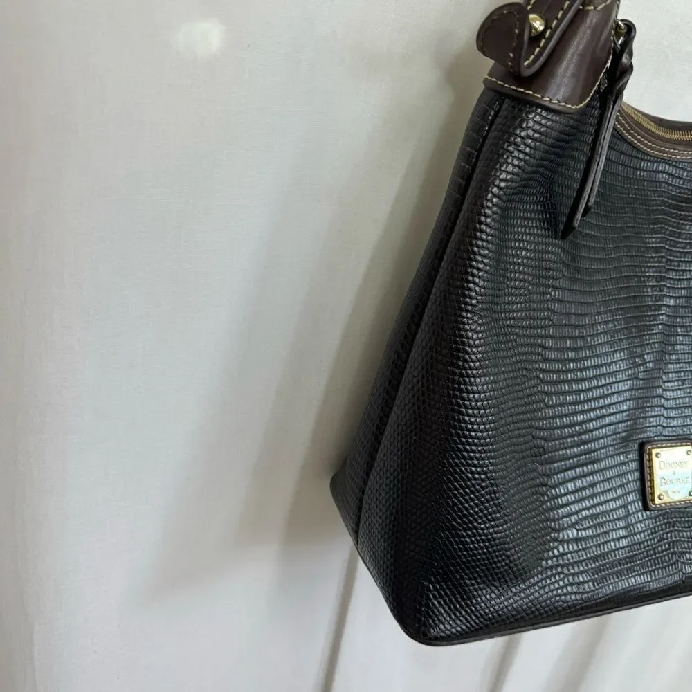 Dooney & Burke Pebble Grain Leather Lizard Embossed Hobo Shoulder Bag Brown